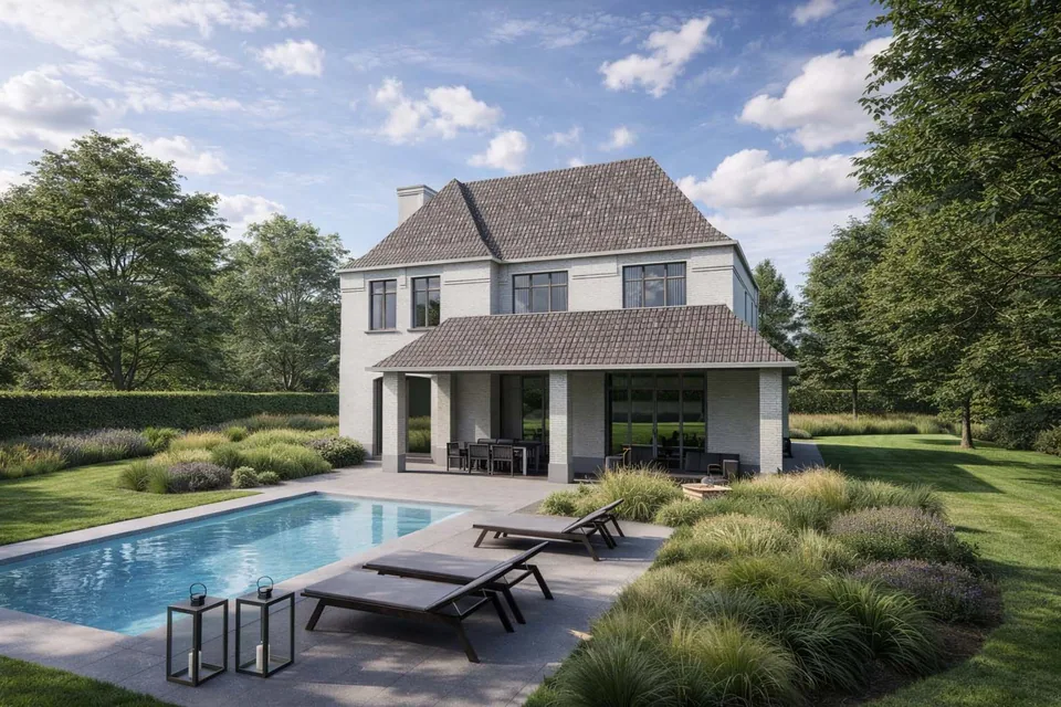gevel klassieke nieuwbouwwoning Brugse rand met zwembad – J.A.N Plus Architecten