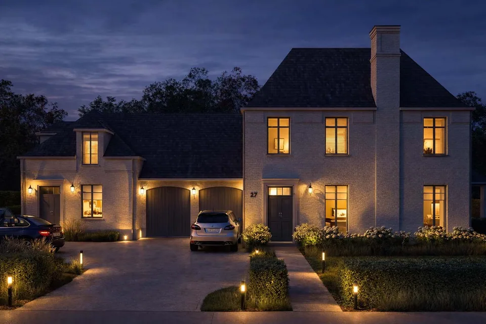 gevel klassieke nieuwbouwwoning Brugse rand met zwembad – J.A.N Plus Architecten