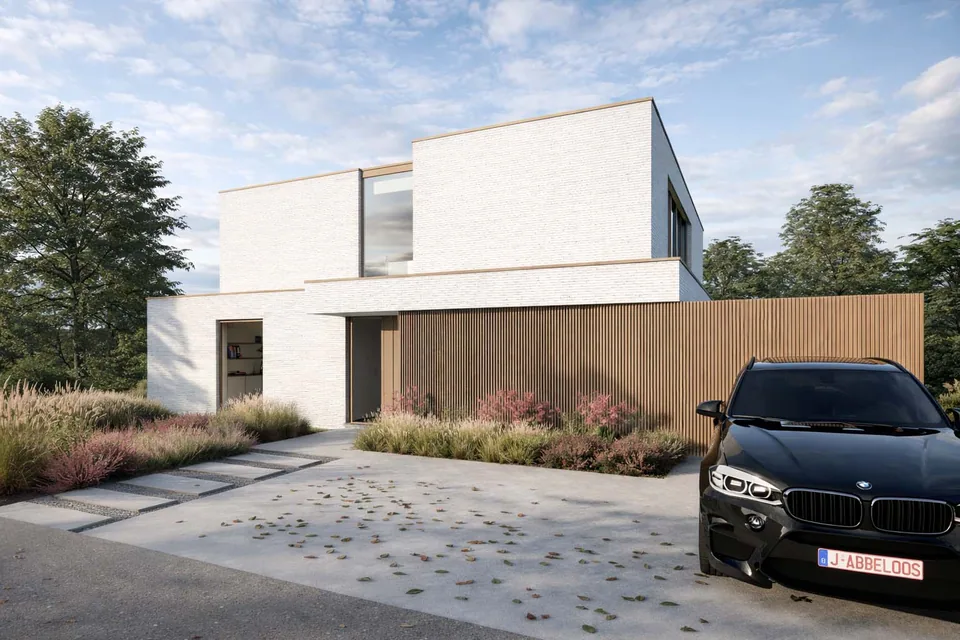 Voorgevel nieuwbouwwoning in Sijsele, Damme door J.A.N plus Architecten