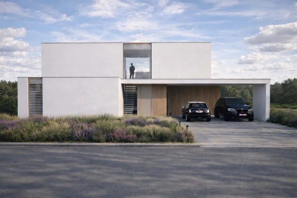 Voorgevel nieuwbouwwoning in Gistel met zwembad door J.A.N Plus Architecten