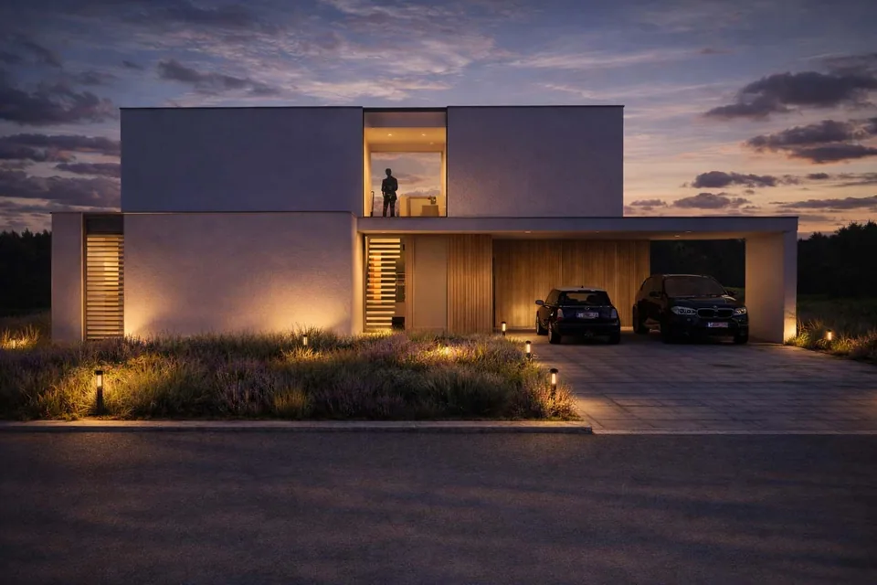 Voorgevel nieuwbouwwoning in Gistel met zwembad door J.A.N Plus Architecten