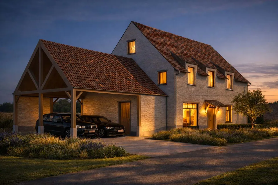 Detail architectuur nieuwbouwwoning pastoriestijl in Jabbeke