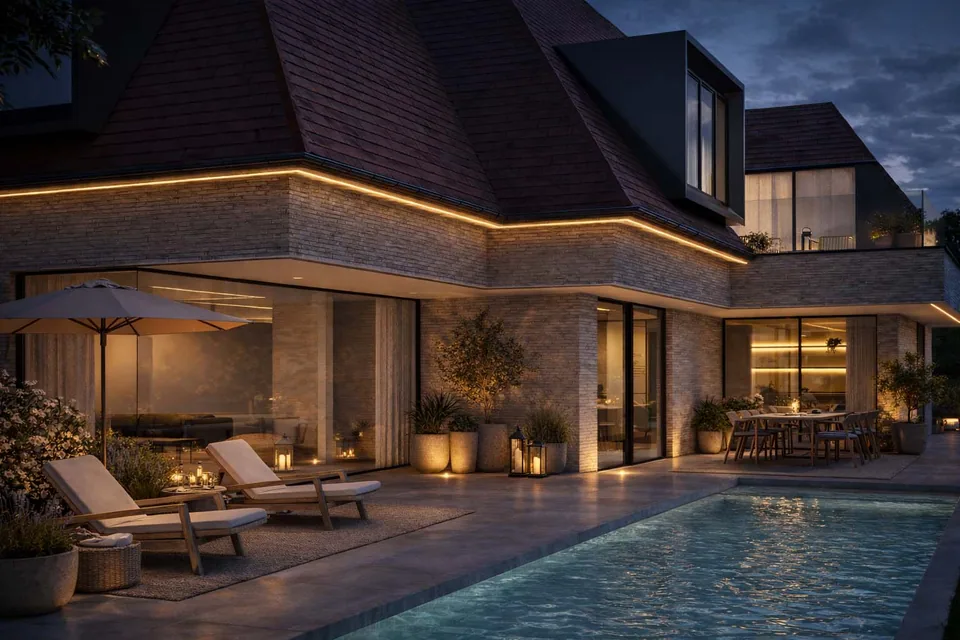 Detail architectuur nieuwbouw met zwembad Knokke-Heist
