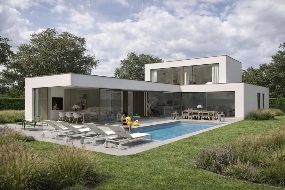 Tuin en zwembad bij nieuwbouwwoning Koekelare