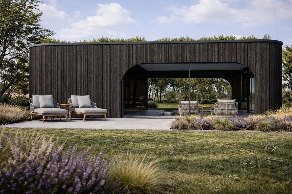 Poolhouse en tuin nieuwbouwwoning Oedelem