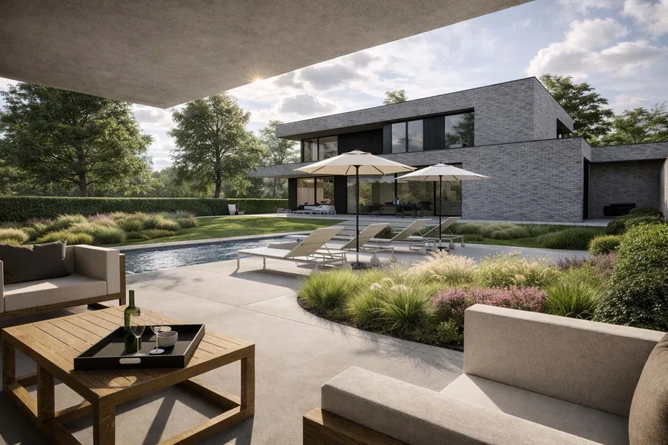 Zwembad en poolhouse bij nieuwbouwwoning Oostkamp
