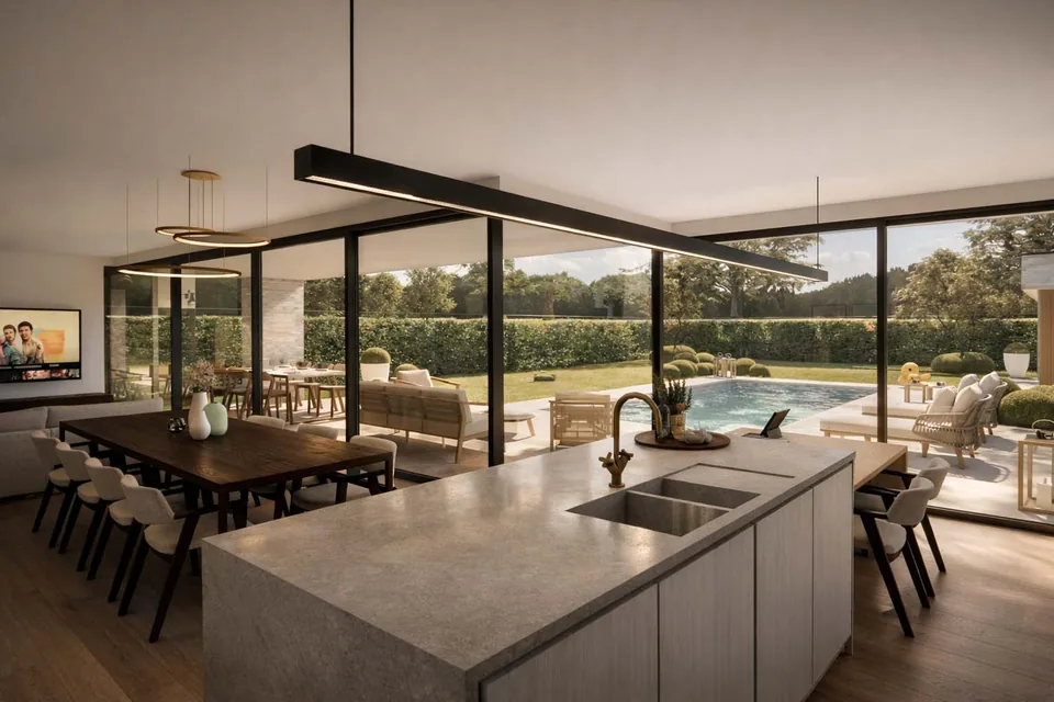 Interieur nieuwbouwwoning Oostkamp met zicht op zwembad