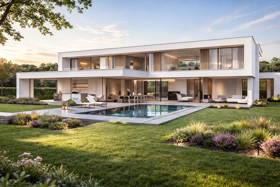 Minimalistische nieuwbouwwoning in Torhout met zwembad door J.A.N Plus Architecten