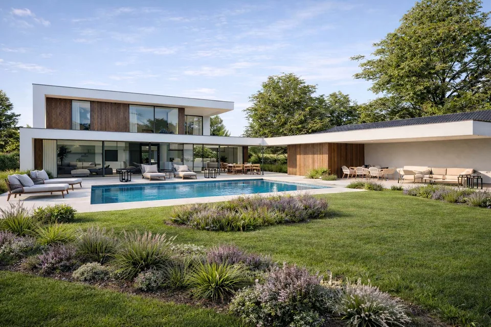 Zwembad en poolhouse in Oostkamp – architectuur en buitenruimte