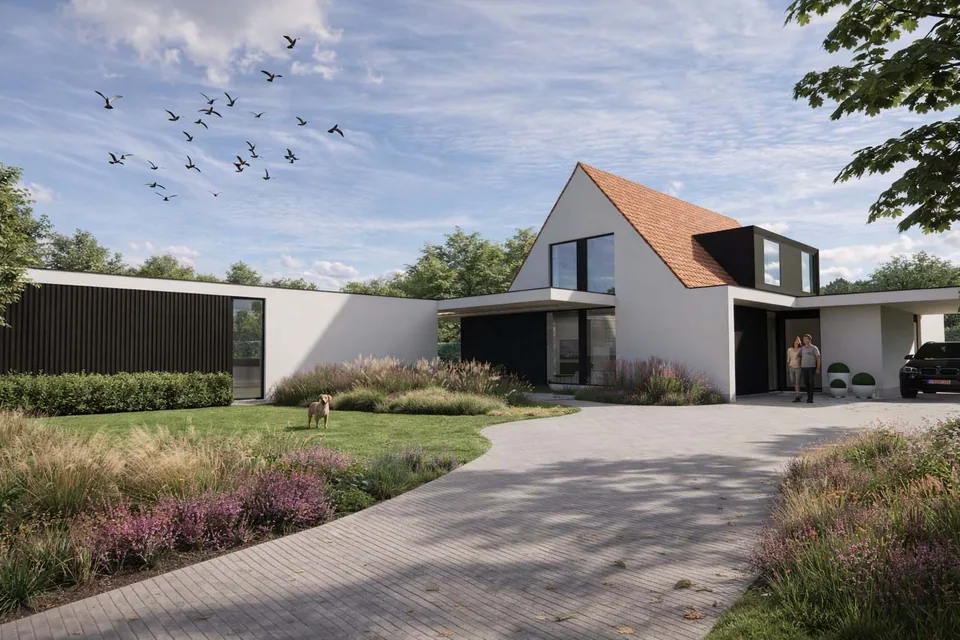 Voorgevel woning in Brugge met poolhouse en zwembad door J.A.N Plus Architecten